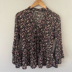 Ember Ditsy Floral Bow Bell Sleeves Sheer Blouse Size M